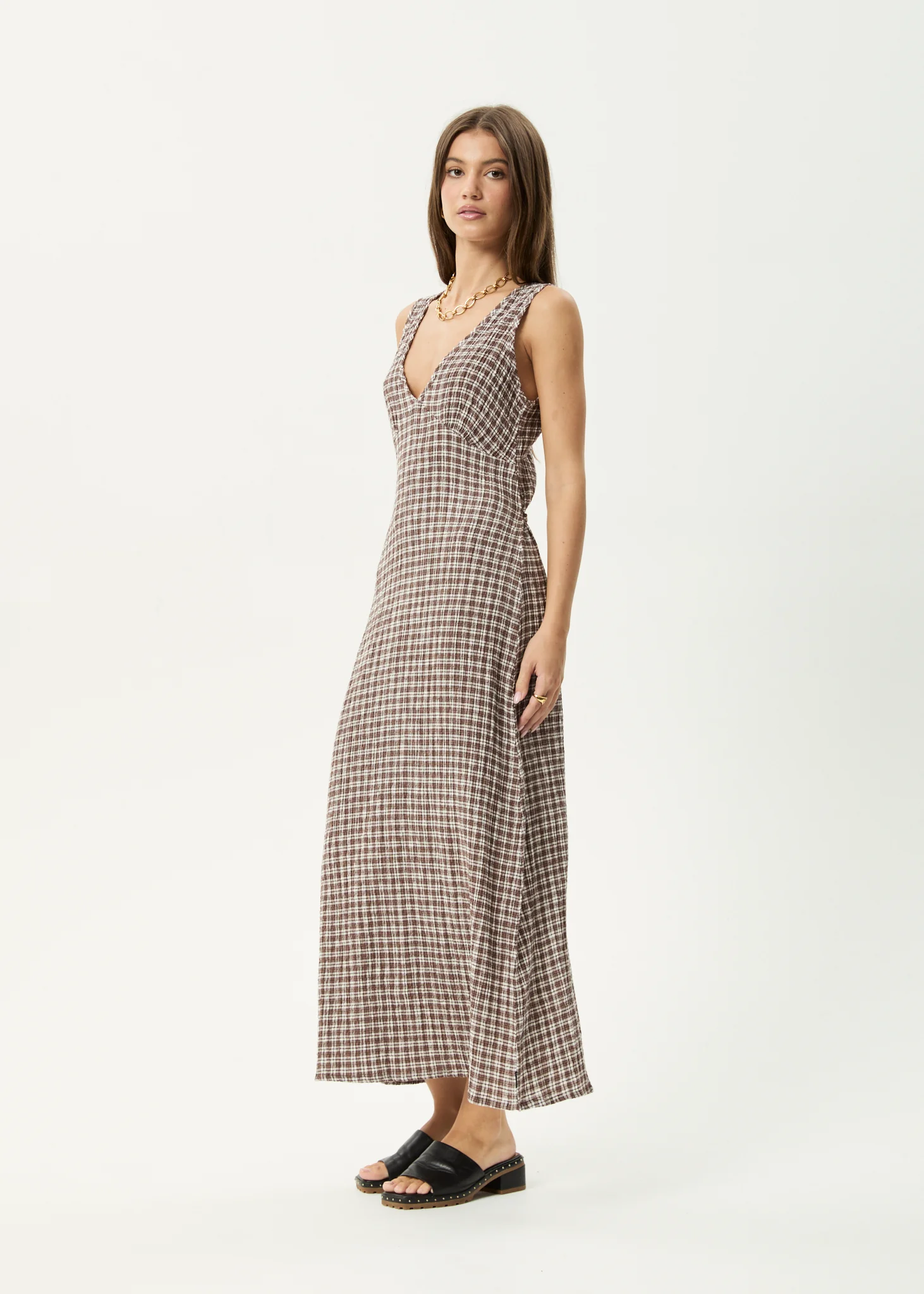 AFENDS Womens Base - Seersucker Maxi Dress - Coffee Check - Image 4