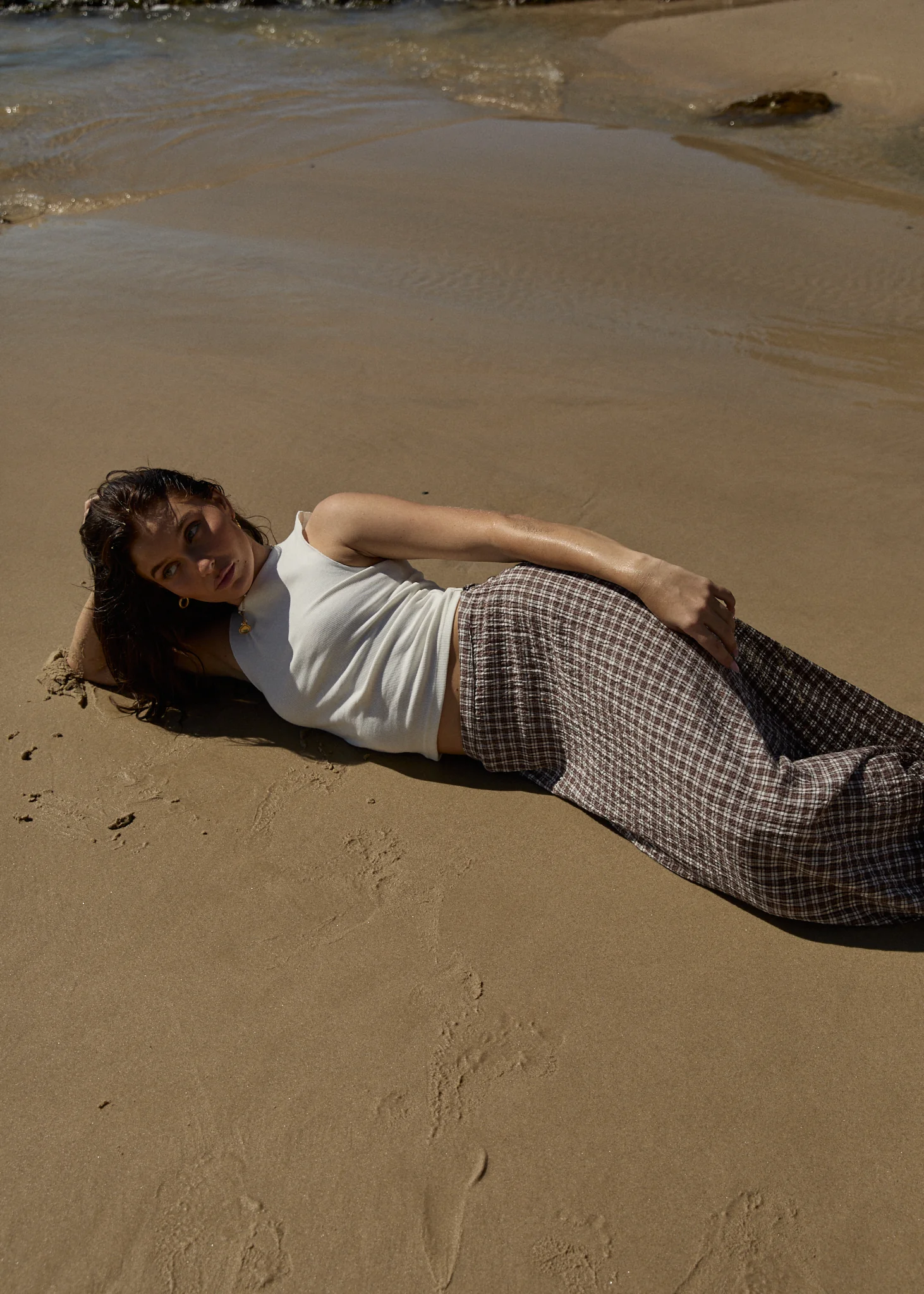 AFENDS Womens Base - Seersucker Maxi Skirt - Coffee Check - Image 2