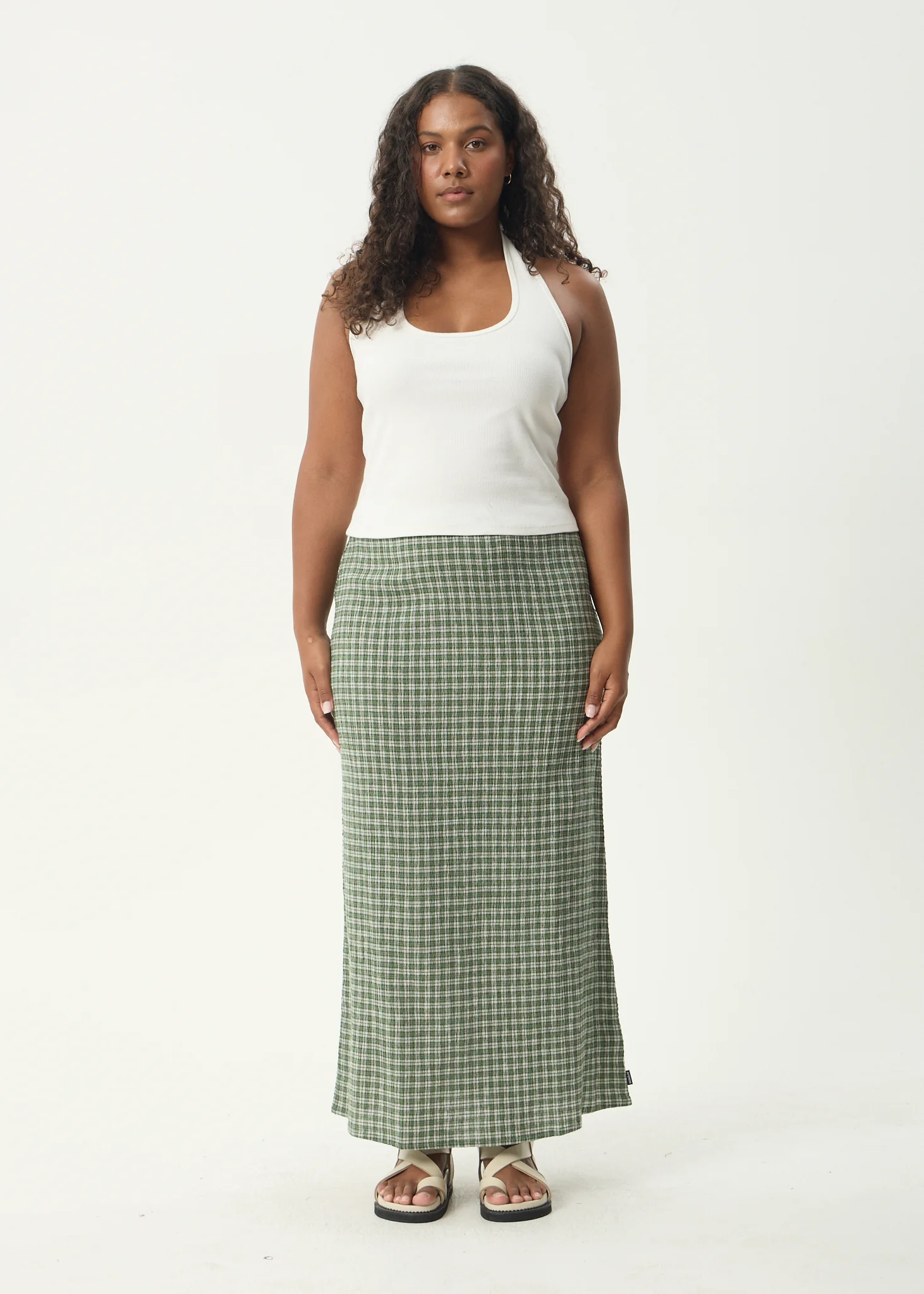 AFENDS Womens Base - Seersucker Maxi Skirt - Deep Green Check - Image 3