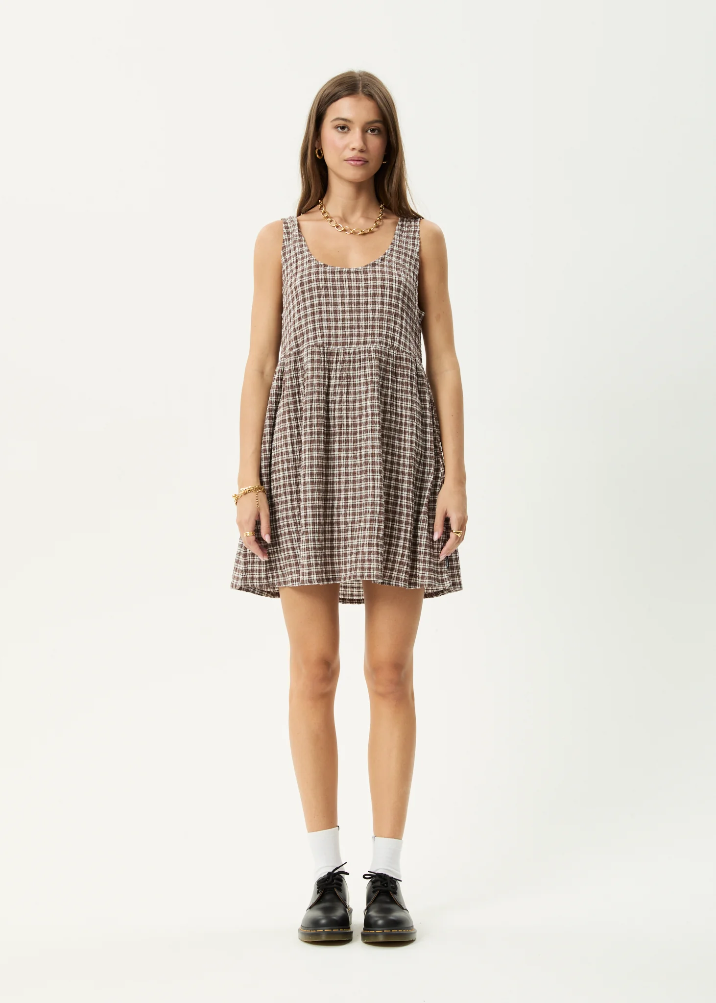AFENDS Womens Base Jesse - Seersucker Mini Dress - Coffee Check - Image 3