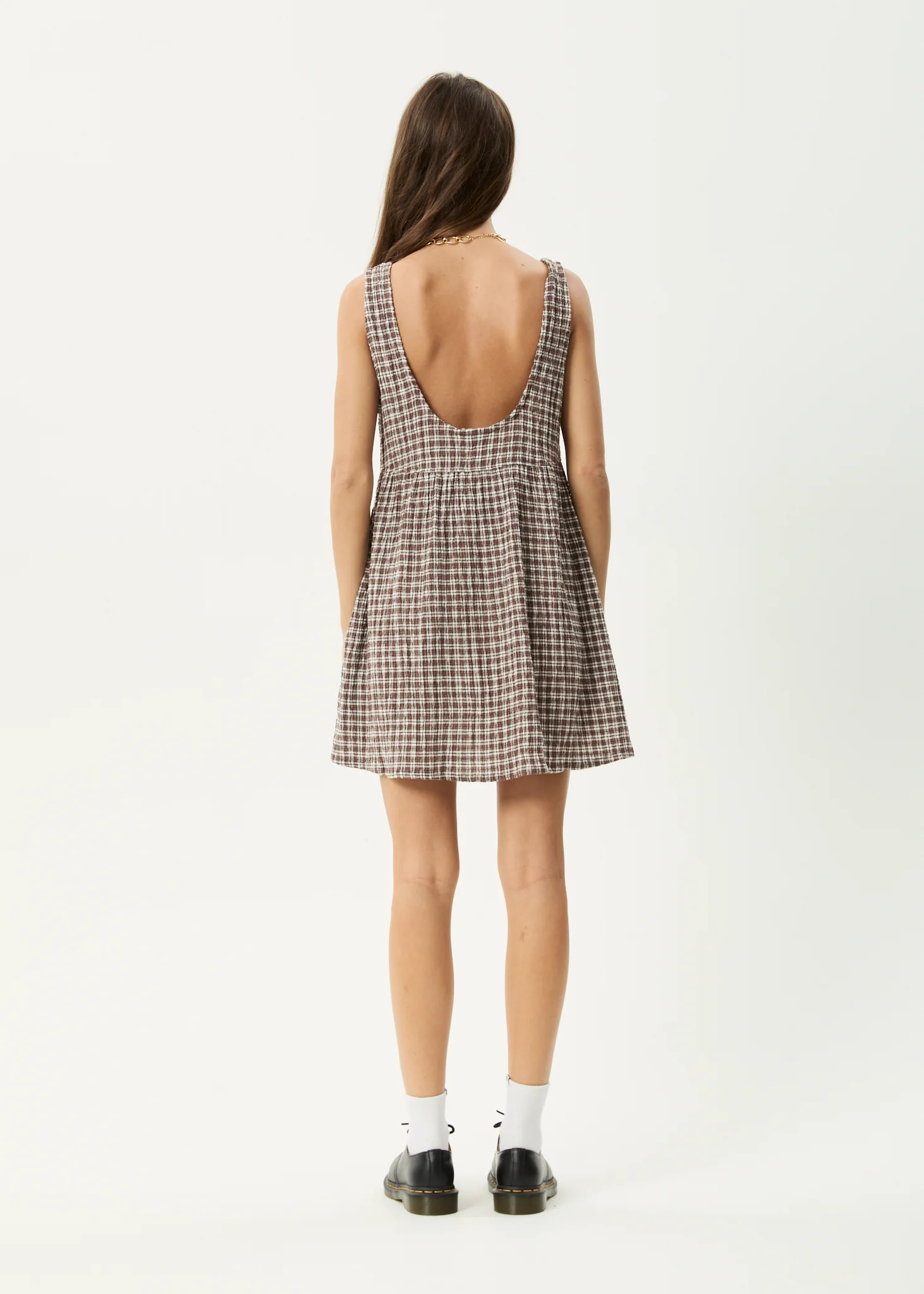 AFENDS Womens Base Jesse - Seersucker Mini Dress - Coffee Check - Image 9