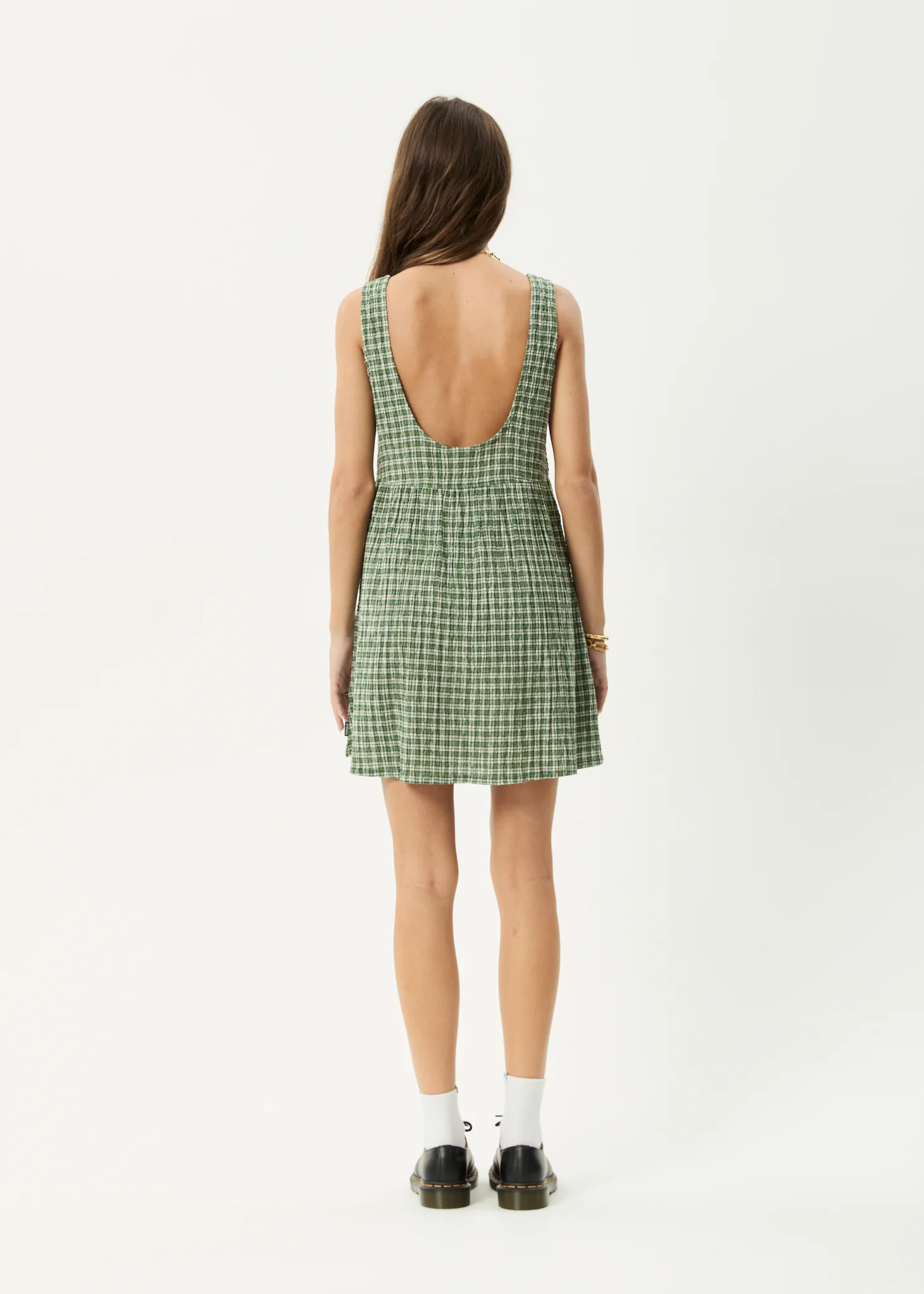 AFENDS Womens Base Jesse - Seersucker Mini Dress - Deep Green Check - Image 7