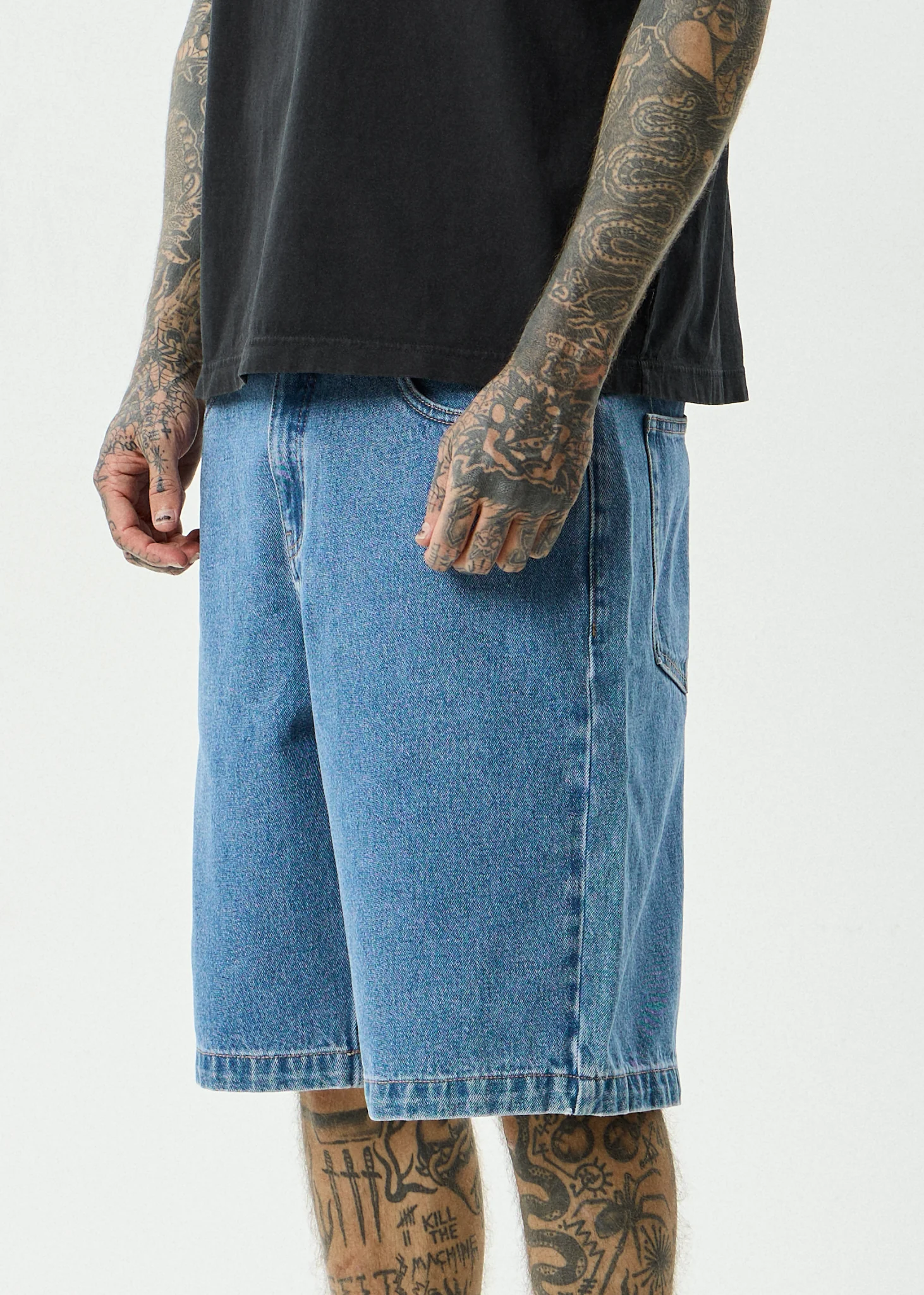 AFENDS Mens Lil C - Denim Baggy Short 22" - Worn Blue - Image 7