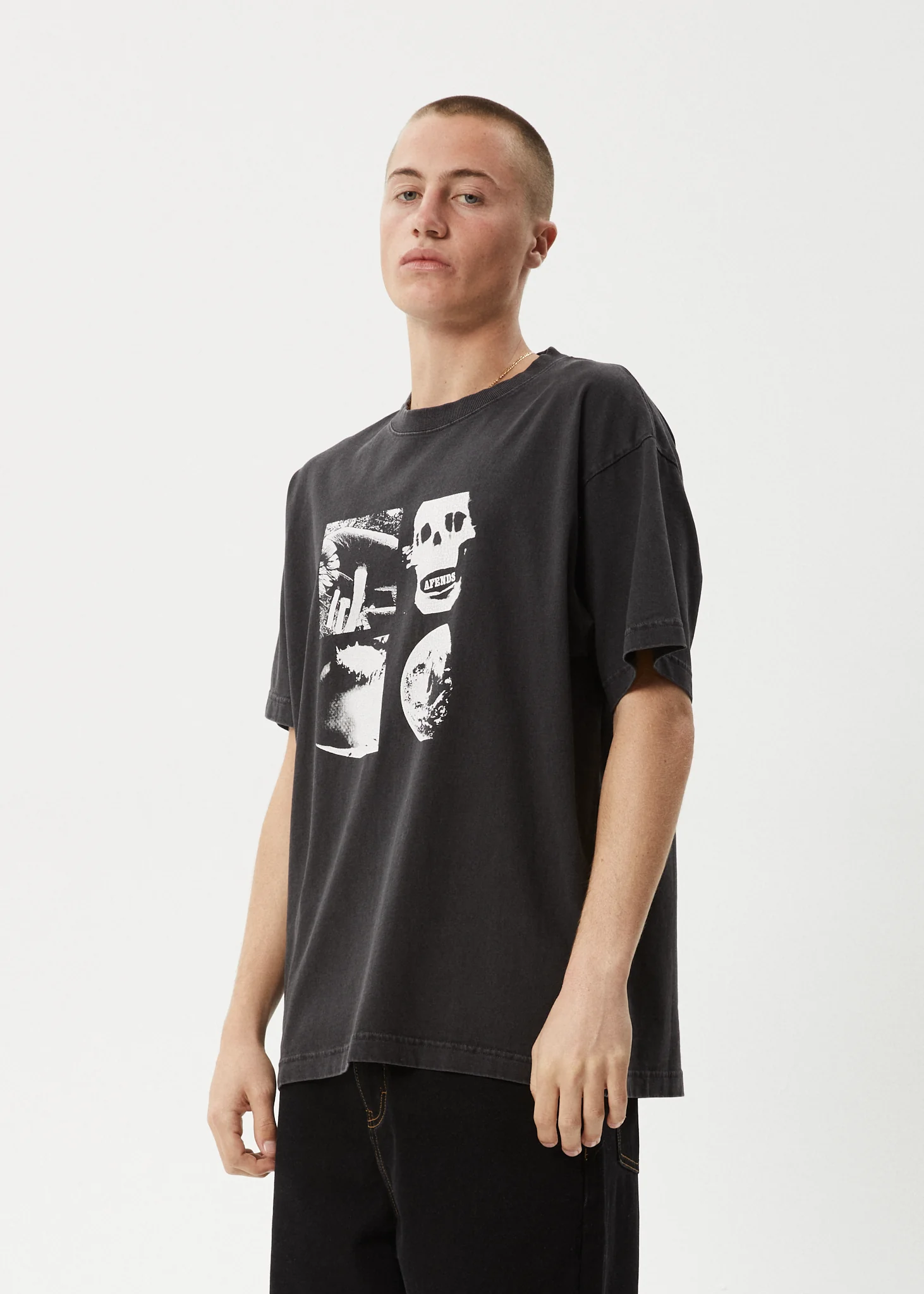 AFENDS Mens New And Clear - Heavyweight Boxy Tee - Stone Black - Image 4