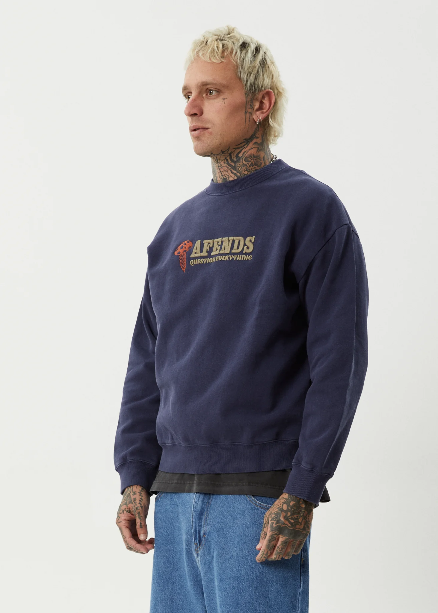 AFENDS Mens Nuts N Bolts - Crew Neck Jumper - Washed Deep Sea - Image 3