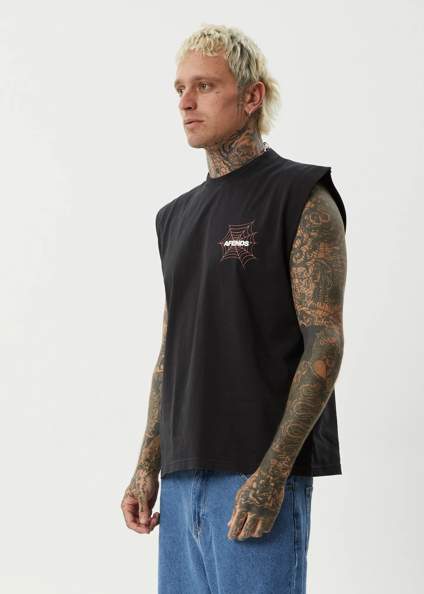 AFENDS Mens Webhead - Sleeveless Tee - Stone Black - Image 4