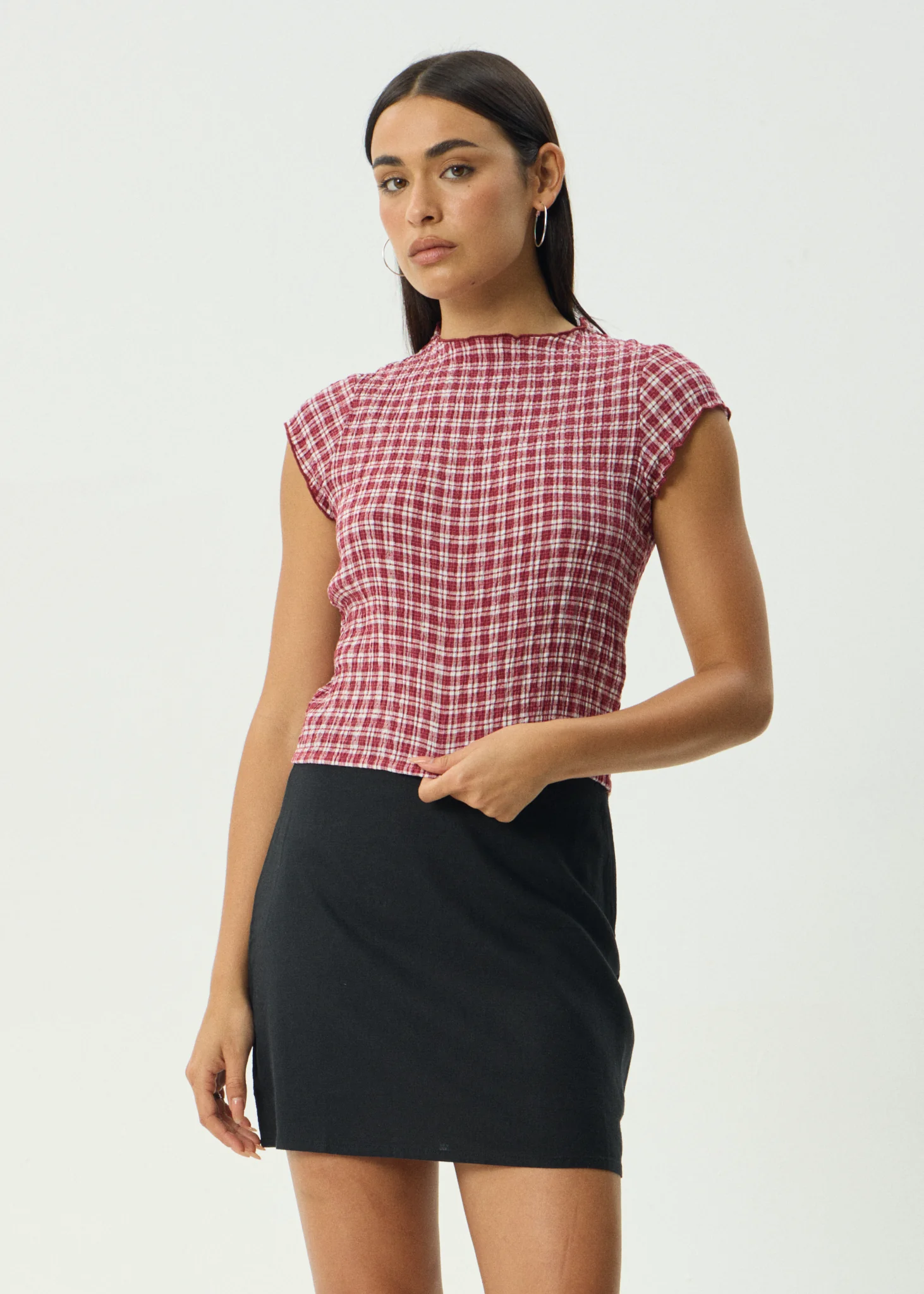 AFENDS Womens Base - Seersucker Mock Neck Top - Burgundy Check - Image 2