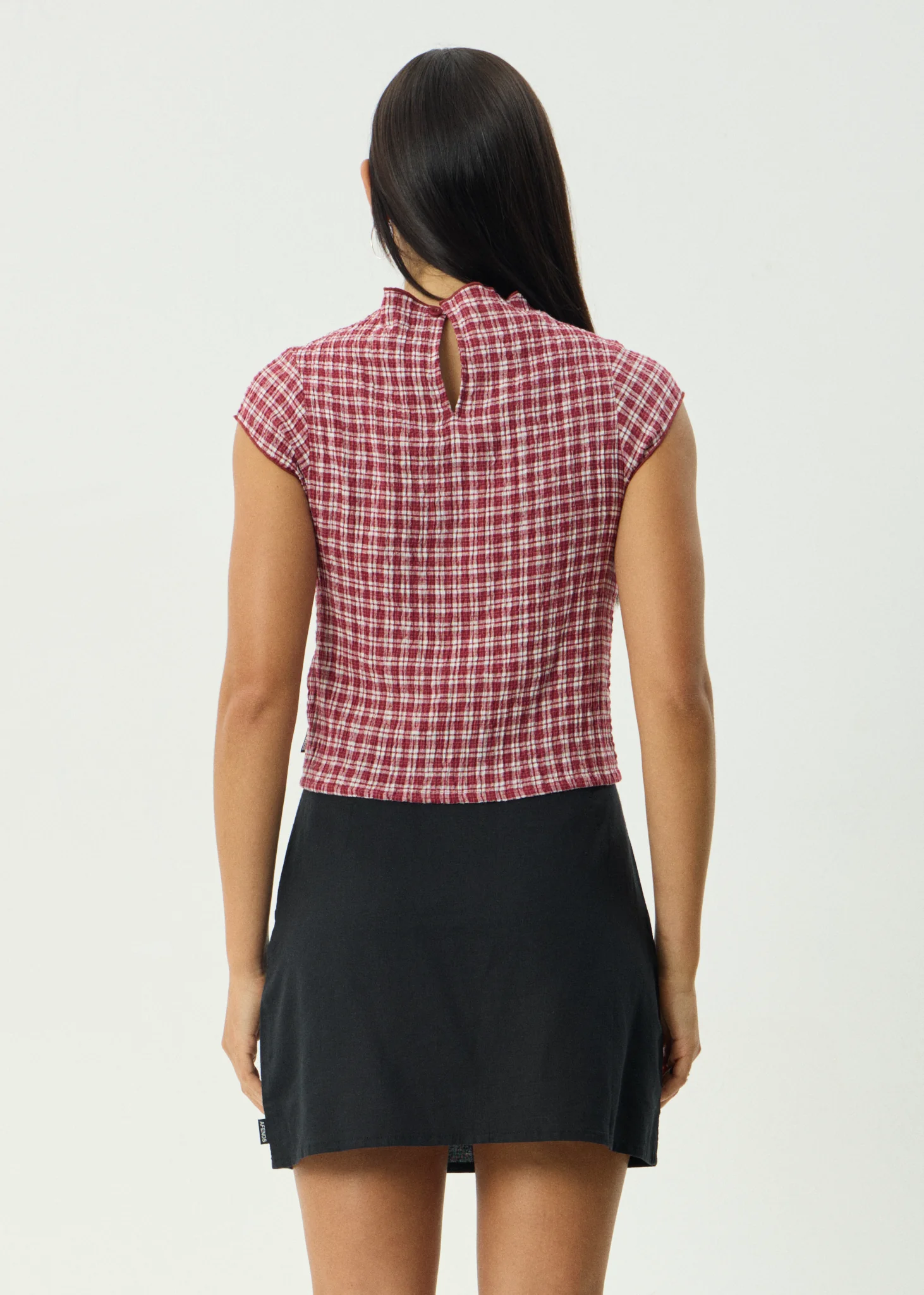 AFENDS Womens Base - Seersucker Mock Neck Top - Burgundy Check - Image 5